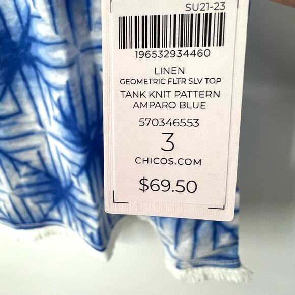 NEW NWT MSRP $70 Chicos Sz 3 XL 100% LINEN Blue Ruffle Blouse Shirt Top Beach - Picture 3 of 7